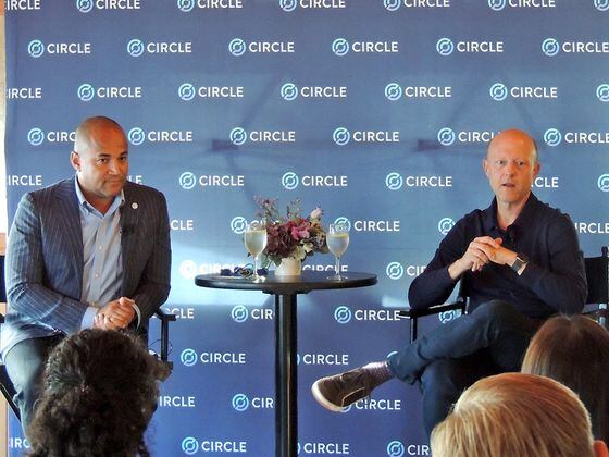 Circle Chief Strategy Officer Dante Disparte (left) and Chief Executive Officer Jeremy Allaire (Nikhilesh De/CoinDesk)