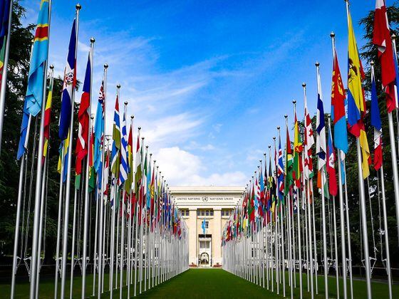 Flag Draped Entrance to the United Nations Building in Geneva Switzerland