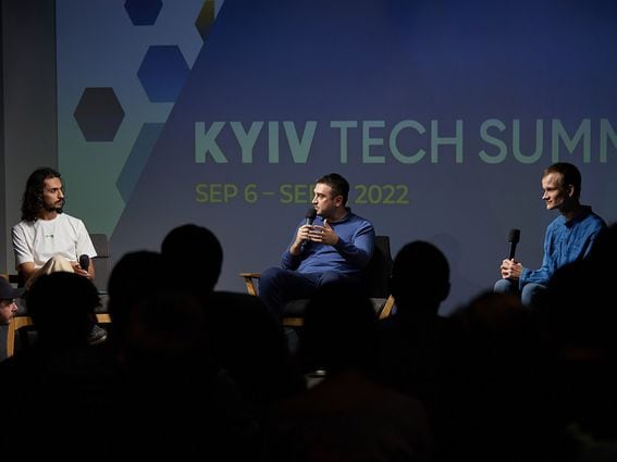 From left To right: Rev Miller, Atlantis World co-founder; Alex Bornyakov, Ukraine’s deputy minister for Digital Transformation, Ethereum co-founder Vitalik Buterin 
(Kyiv Tech Summit)