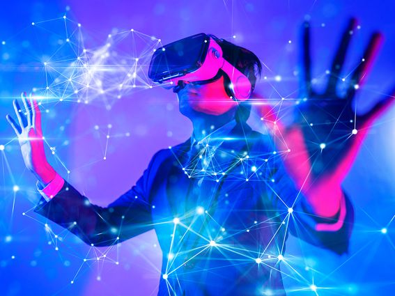 CDCROP: Metaverse digital cyber world technology, man with virtual reality VR goggle playing AR augmented reality game and entertainment, futuristic lifestyle (Getty Images)