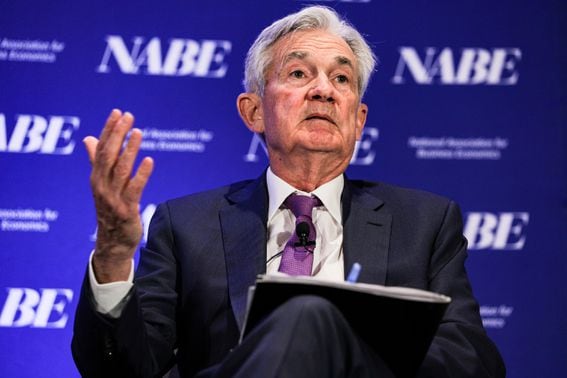 Jerome Powell speaks during the National Association of Business Economics (NABE) economic policy conference in Washington, D.C., on March 21, 2022. (Valerie Plesch/Bloomberg via Getty Images)