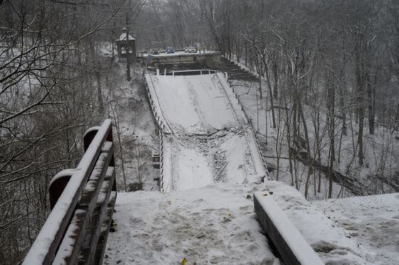 A collapsed bridge along Forbes Avenue near Frick Park in Pittsburgh on Jan. 28, 2022. Just a few days later, a Solana-Ethereum cryptocurrency bridge called Wormhole met a similar fate. (Justin Merriman/Bloomberg via Getty Images)