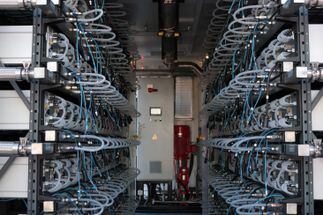 Bitmain Antminer S19 Hydro mining rigs at a Merkle Standard facility in Washington state. (Eliza Gkritsi/CoinDesk)