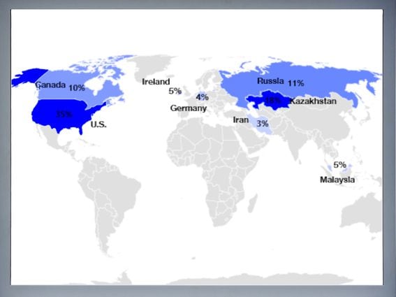 a map showing bitcoin mining hashrate distribution around the globe. 45% is in North America, 18% in Kazakhstan, 11% in Russia and smaller amounts in other places.