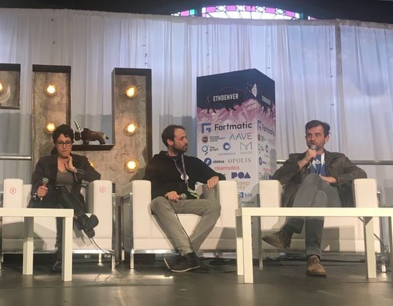 Zcash co-founder Zooko Wilcox (right) speaks at ETHDenver 2019.