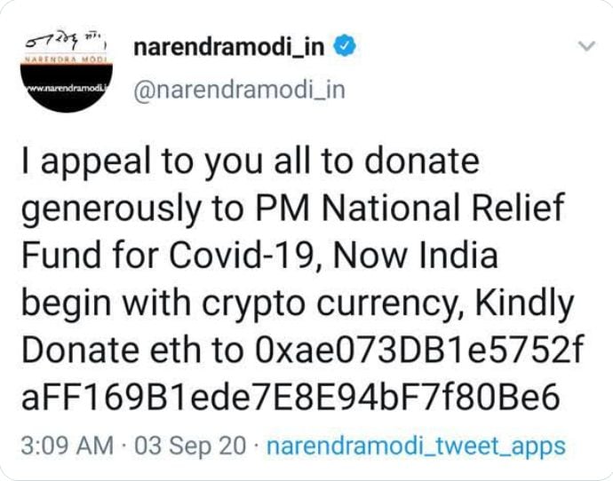 Tuit falso enviado desde el fondo de ayuda del primer ministro Modi en septiembre de 2020
