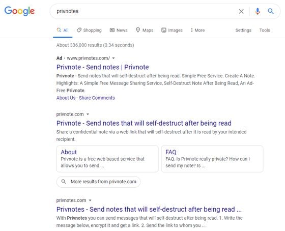 A Google search for “privnotes” pulls up a paid advert for the phishing site privnotes.com