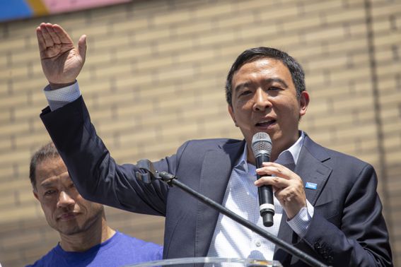 NEW YORK, NY - JUNE 20: New York City mayoral candidate Andrew Yang speaks at the unveiling of a mural in Chinatown on June 20, 2021 in New York City. Yang and Kathryn Garcia are campaigning together in the lead-up to primary Election Day on June 22. (Photo by Kena Betancur/Getty Images)