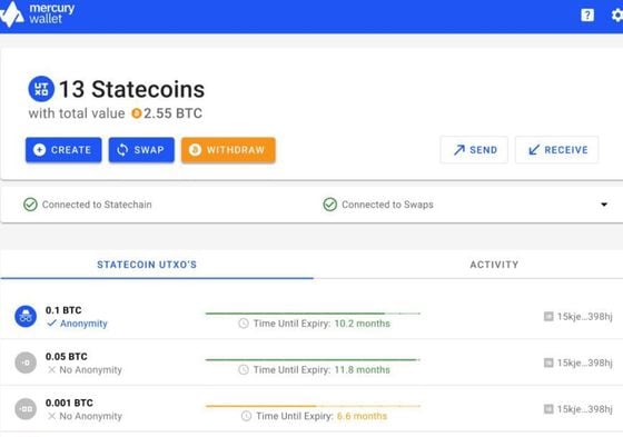 An early version of Mercury Wallet putting statechain transactions into practice