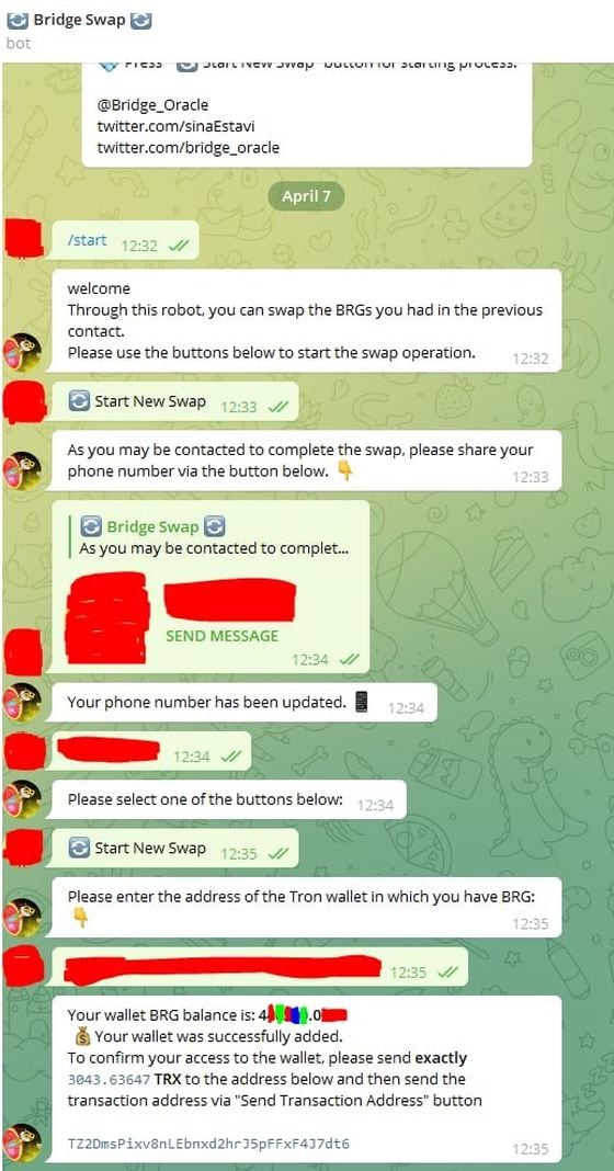 Another unverified screenshot of "swap bot" interaction with BRG investor