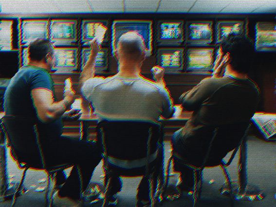 CDCROP: Three men in a betting shop (Image Source/Getty Images, Modified by CoinDesk)