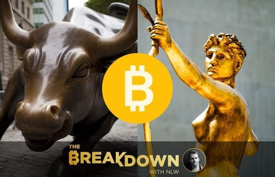 Gold female with arrow, Metropolitan Museum of Art, and Brass Wall Street bull statue, both in NYC. Bitcoin symbol overlaid. Is bitcoin more correlated to gold or stocks?