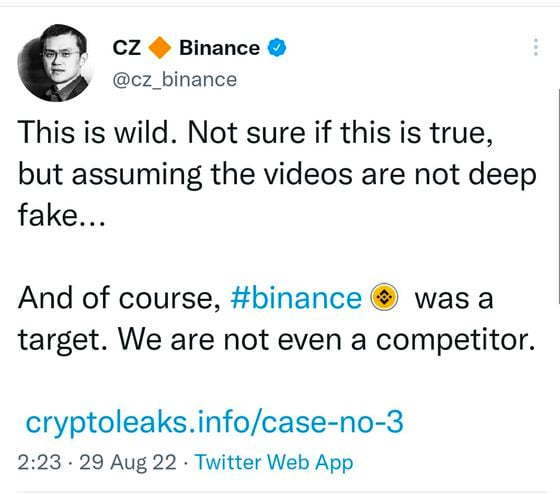 Binance CEO Changpeng Zhao's now-deleted tweet about the Ava Labs controversy