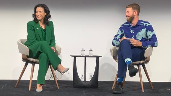 NYDFS Superintendent Adrienne Harris in conversation with Chainalysis co-founder Jonathan Levin at a conference last year. (Cheyenne Ligon/CoinDesk)