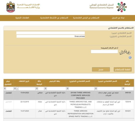 A screenshot of Dubai's national business registry taken on June 24, 2022.