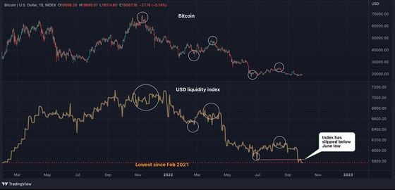 Chart shows local USD liquidity tops and bottoms from 2021 have coincided with major bitcoin price tops and bottoms. (TradingView)