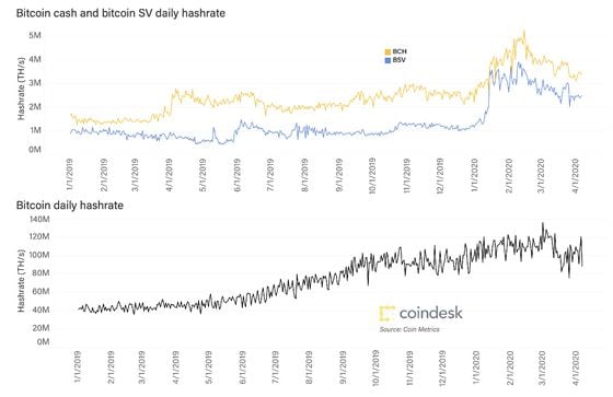 Bitcoin, Bitcoin Cash and Bitcoin SV hash rate