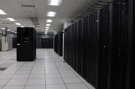 The original data center racks at CleanSpark's facility in College Park, Georgia. (Eliza Gkritsi/CoinDesk)
