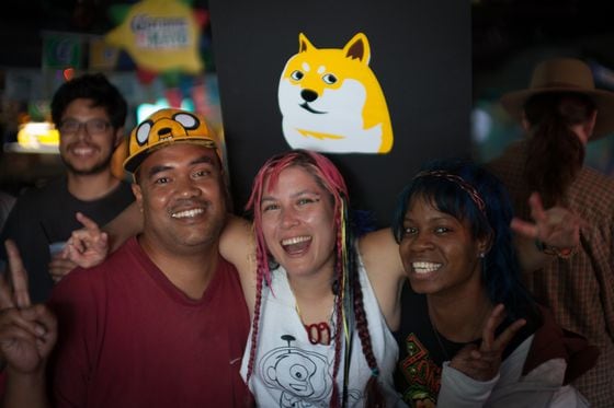 Al Porotesano, Pinguino Kolb and Jessica Stamp at a "Dogecar LA Pit Crew" party, 2014. 