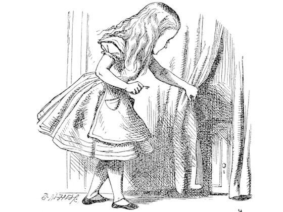 Art from Alice in Wonderland as she pulls back the curtain to reveal a small door. Representing losing anonymity in DeFi.