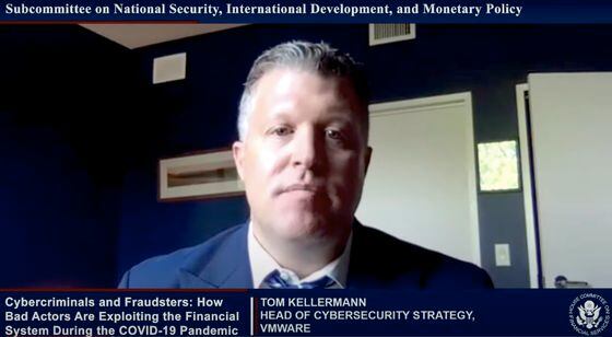 Tom Kellermann, head of cybersecurity strategy at VMWare, addresses a virtual hearing of the House Financial Services Subcommittee on National Security. (Sandali Handagama/CoinDesk)