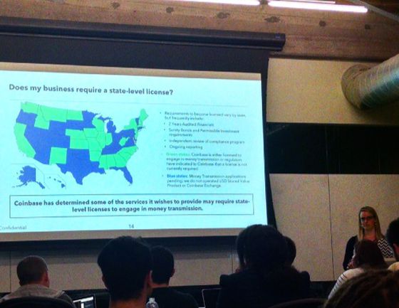  A map of state level compliance for Coinbase. Green is where the company is licensed or doesn't need to be; blue is where licensure is pending.