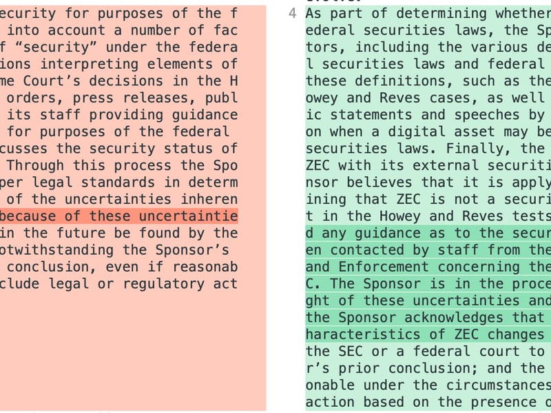 A screenshot detailing differences between Grayscale's ZEC filing from May (left) and June (right) where it reveals the SEC line of questioning.