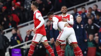 Reiss Nelson, of Arsenal, celebrates scoring a goal in the English Premier League (James Williamson/Getty Images)
