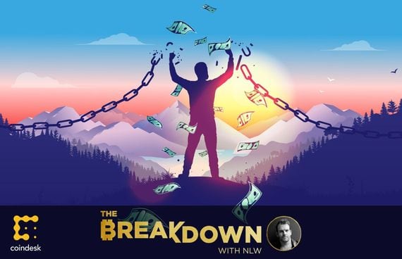 Vector illustration of a man breaking free of chains in sunrise with money raining down, as NLW wants today’s read to free the world of bitcoin FUD.