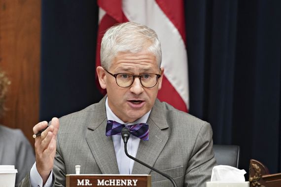 Representative Patrick McHenry, a Republican of North Carolina and ranking member of the House Financial Services Committee, speaks during a hearing in Washington, D.C., U.S., on Thursday, Sept. 30, 2021. The Treasury secretary this week warned in a letter to congressional leaders that her department will effectively run out of cash around Oct. 18 unless Congress suspends or increases the debt limit. Photographer: Al Drago/Bloomberg via Getty Images