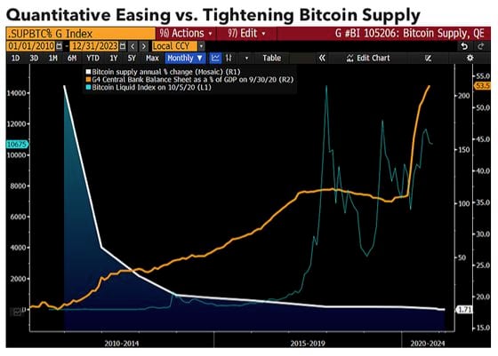 Bitcoin's price and supply curve, charted versus total assets on central bank balance sheets. 