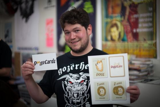 Jeff Maki and the "DogeCards" game he offered on Kickstarter, 2014.