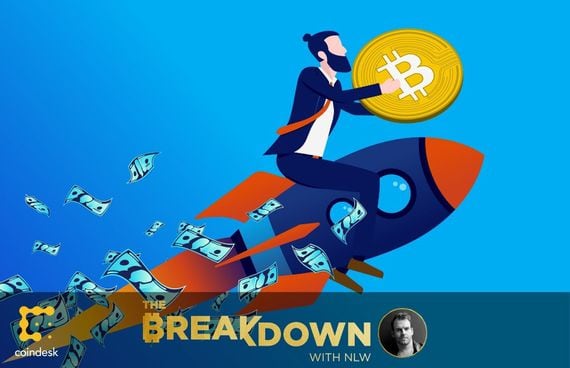 Illustration of a man riding a rocket ship while holding a bitcoin, as today’s Breakdown is about a bitcoin supercycle.
