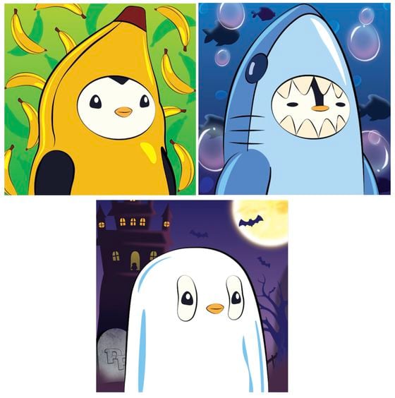 Rare penguins (clockwise, from top): 9x9x9’s Banana Penguin (purchased for 100 ETH); Vincent Van Dough’s Shark Penguin (purchased for 69 ETH); GiganticRebirth’s Ghost Penguin (purchased for 100 ETH). (OpenSea)