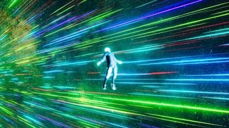 Digital photo of a person suspended in the middle of a galaxy with lights beaming behind them.