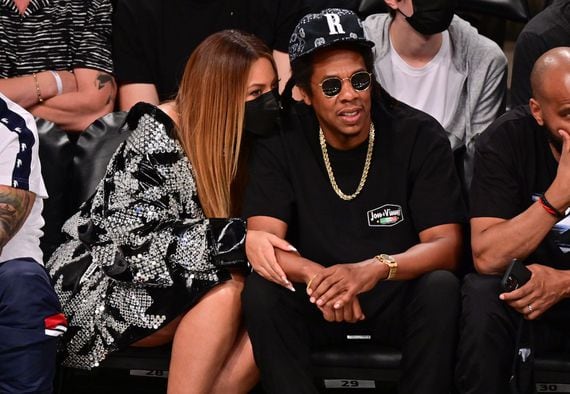 Jay-Z sits courtside with Beyoncé at a Brooklym Nets game on June 5.
