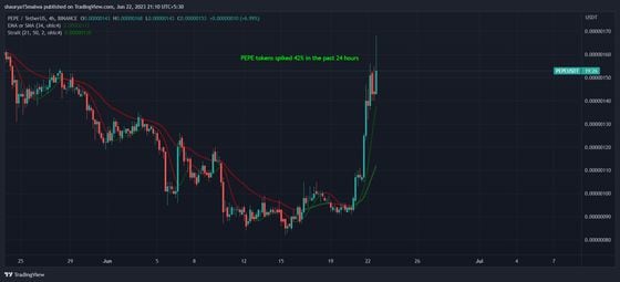 PEPE tokens spiked 42% in the past 24 hours. (TradingView)