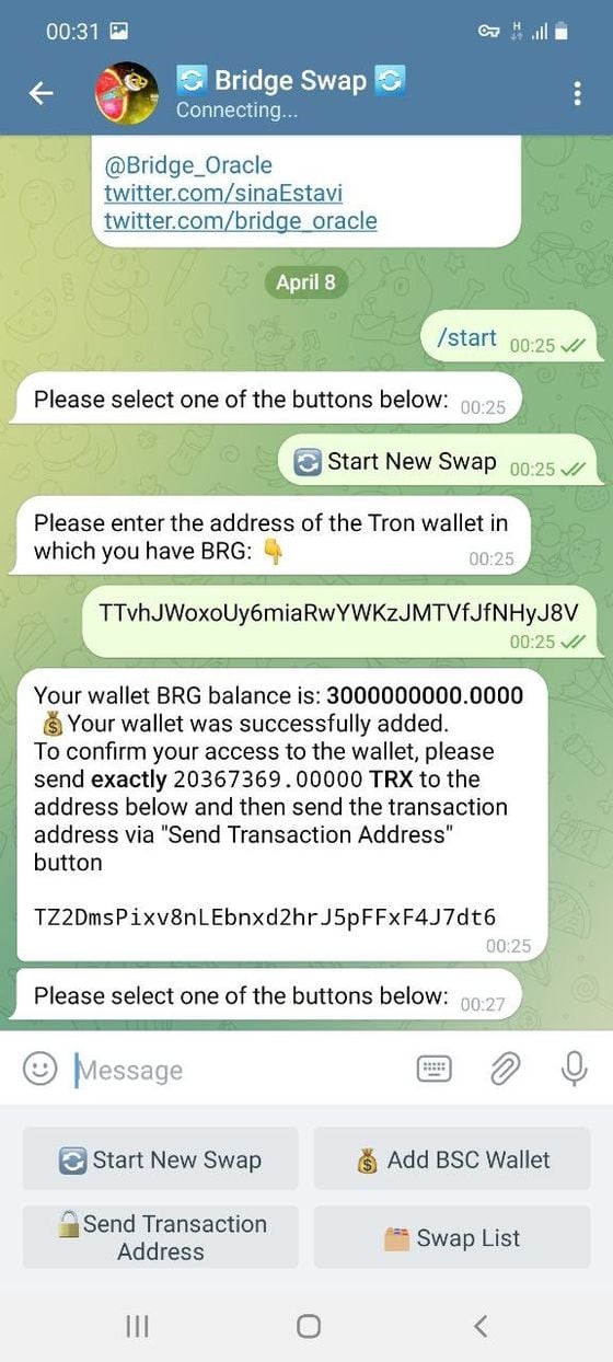 Unverified screenshot of "swap bot" interaction with BRG investor