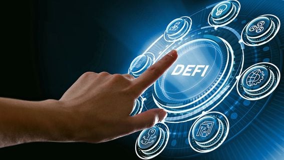DeFi -Decentralized Finance on dark blue abstract polygonal background. Concept of blockchain, decentralized financial system (Getty Images)