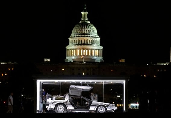 The 1981 DeLorean DMC-12 from the "Back to the Future" movie series is displayed on the National Mall in 2021 as part of the annual Cars at the Capitol exhibit. (Kevin Dietsch/Getty Images)