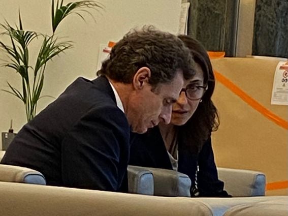 French diplomat Philippe Léglise-Costa and EU lawmaker Irene Tinagli huddle in the closing hours of talks on the MiCA law (Jack Schickler)
