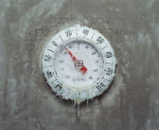 Ice covered thermometer, close-up
