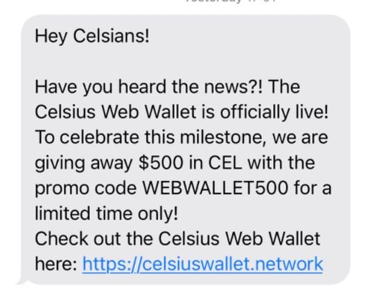 A copy of one of the phishing text messages sent to Celsius clients.