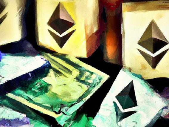 Abstract Ethereum blocks and dollars (Dall-E, modified by CoinDesk)