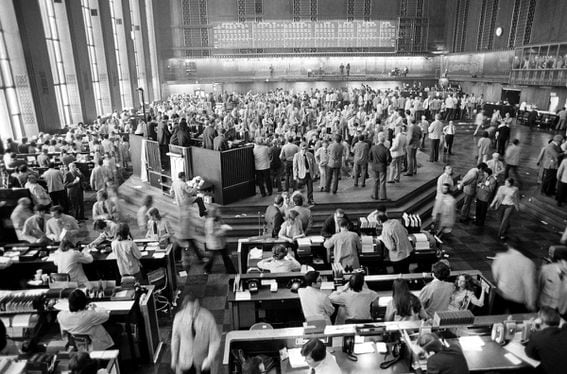 Open interest in CME bitcoin futures are up, signaling more investors want to buy the cryptocurrency. (Chicago Board of Trade, 1973, photo courtesy of National Archives and Records Administration.)