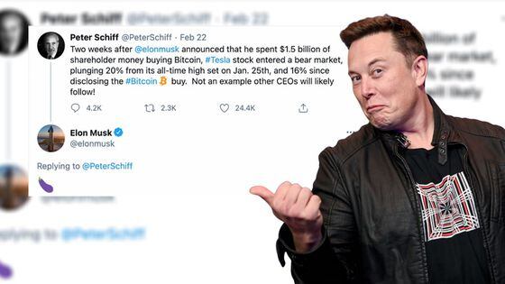 Elon Musk vs. Peter Schiff Over Tesla's Bitcoin Buy Results, With an Eggplant Emoji