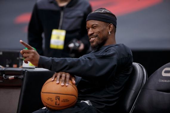 Jimmy Butler of the Miami Heat, who will reportedly appear in a commercial for crypto exchange Binance during Super Bowl LVI on Feb. 13, 2022. (Photo by Cole Burston/Getty Images)