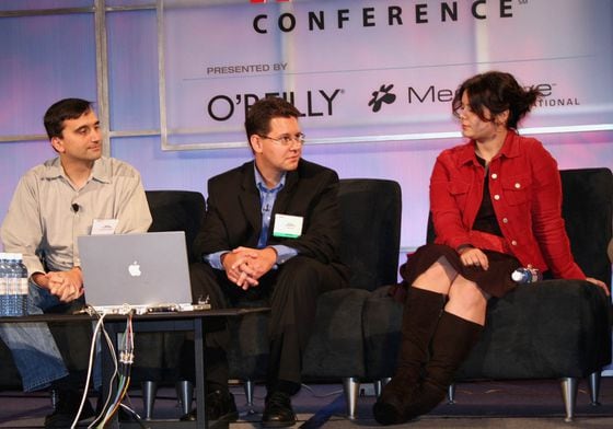 From left, Mark Fletcher of AskJeeves, Rich Skrenta of Topix.net and Mena Trott of SixApart speak in 2005. (Photo via Wikimedia Commons)