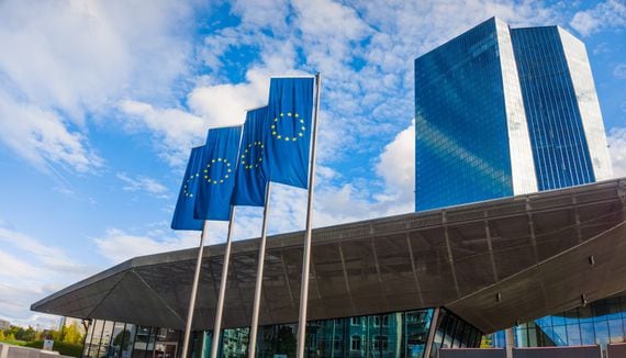 The ECB flags in front of the building. (Shutterstock)