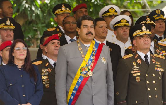 Caracas. February 1, 2017. President of Venezuela, Nicolás Maduro (center) with First Lady Cilia Flores (left) and Defense Minister Vladimir Padrino López (right), in a militar parade.
